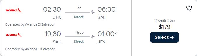 Non-stop flights from New York to San Salvador, El Salvador for only $179 roundtrip with Avianca. Flight deal ticket image.