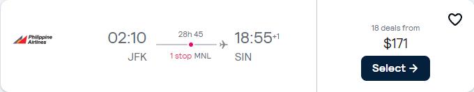 Click here to book this cheap flight deal. Error Fare flights from New York to Singapore for only $171 one-way. Flight deal ticket image.