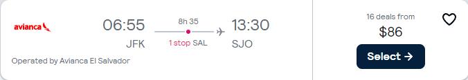 Click here to book this cheap flight deal. Cheap flights from New York to San Jose, Costa Rica for only $86 one-way. Flight deal ticket image.