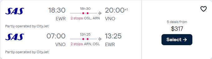 Click here to book this cheap flight deal. Cheap flights from New York to European cities from only $317 roundtrip with Scandinavian Airlines. Flight deal ticket image.