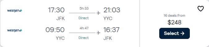 Non-stop flights from New York to Calgary, Canada for only $248 roundtrip. Flight deal ticket image.