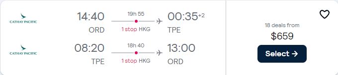 Cheap flights from Chicago to Taipei, Taiwan for only $659 roundtrip with Cathay Pacific. Flight deal ticket image.