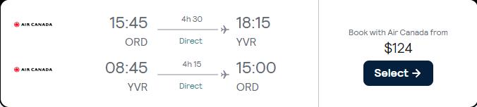 Click here to book this cheap flight deal. Non-stop flights from Chicago to Vancouver, Canada for only $124 roundtrip with United Airlines. Flight deal ticket image.
