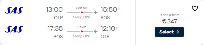 Cheap flights from Bucharest, Romania to Boston, USA for only €348 roundtrip with Scandinavian Airlines. Flight deal ticket image.