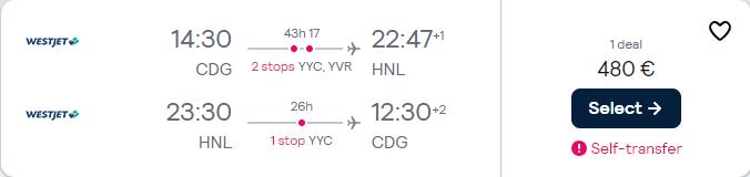 Cheap flights from Paris, France to Honolulu, Hawaii for only €480 roundtrip. Flight deal ticket image.