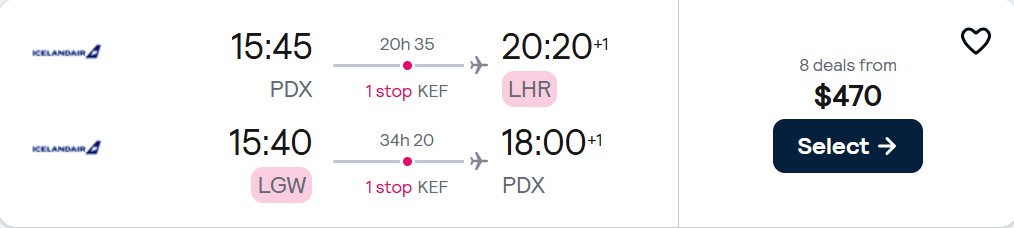 Cheap flights from Portland, Oregon to London, UK for only $470 roundtrip. Flight deal ticket image.