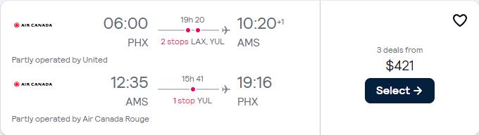 Summer flights from Phoenix, Arizona to Amsterdam, Netherlands for only $420 roundtrip with Air Canada. Flight deal ticket image.