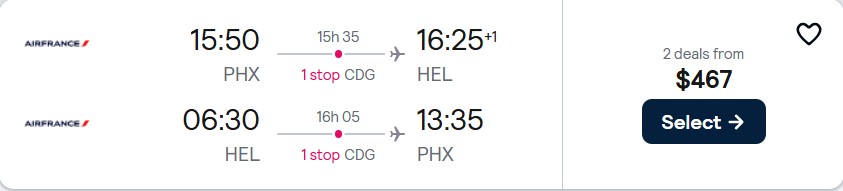 Cheap flights from Phoenix, Arizona to Helsinki, Finland for only $467 roundtrip with Air France. Flight deal ticket image.