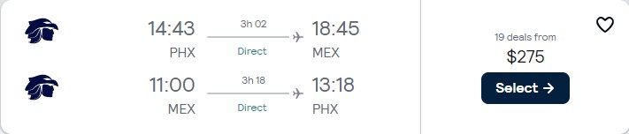 Non-stop flights from Phoenix, Arizona to Mexico City, Mexico for only $275 roundtrip with Aeromexico. Flight deal ticket image.