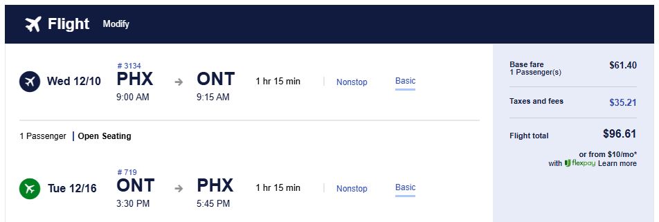 Cheap flights from Phoenix, Arizona to Ontario, California for only $96 roundtrip. Flight deal ticket image.