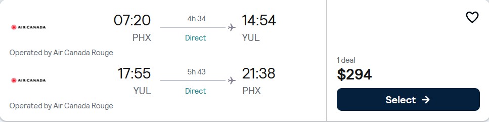 Click here to book this cheap flight deal. Non-stop flights from Phoenix, Arizona to Montreal, Canada for only $294 roundtrip with Air Canada. Flight deal ticket image.