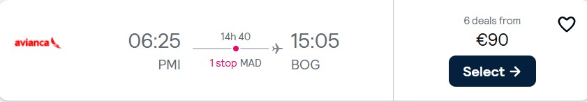 Cheap flights from Palma de Mallorca, Spain to Bogota, Colombia for only €90 one-way with Iberia and Avianca. Flight deal ticket image.