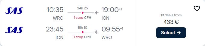 Cheap flights from Wroclaw or Poznan, Poland to Seoul, South Korea from only €433 roundtrip with Scandinavian Airlines. Flight deal ticket image.