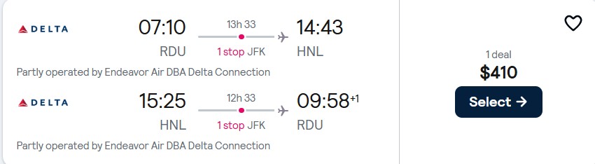 Cheap flights from Raleigh, North Carolina to Honolulu, Hawaii for only $410 roundtrip with Delta Air Lines. Also works in reverse. Flight deal ticket image.