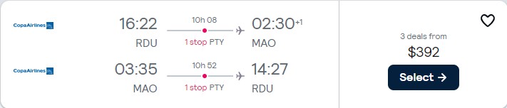 Summer flights from Raleigh, North Carolina to Manaus, Brazil for only $392 roundtrip with Copa Airlines. Flight deal ticket image.