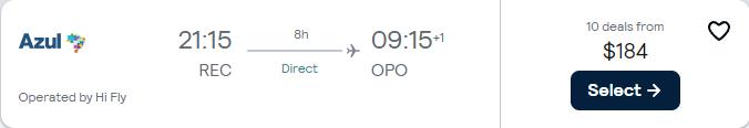 Click here to book this cheap flight deal. Non-stop flights from Recife, Brazil to Porto, Portugal or Madrid, Spain from only $184 USD one-way. Flight deal ticket image.