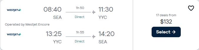 Non-stop flights from Seattle to Calgary, Canada for only $132 roundtrip. Flight deal ticket image.