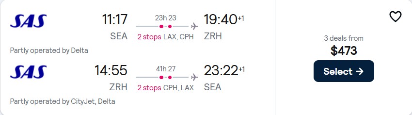 Cheap flights from Seattle to Zurich, Switzerland for only $473 roundtrip with Delta Air Lines and Scandinavian Airlines. Flight deal ticket image.