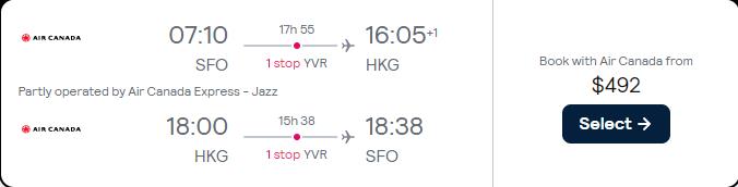 Cheap flights from San Francisco to Hong Kong for only $492 roundtrip with Air Canada. Flight deal ticket image.