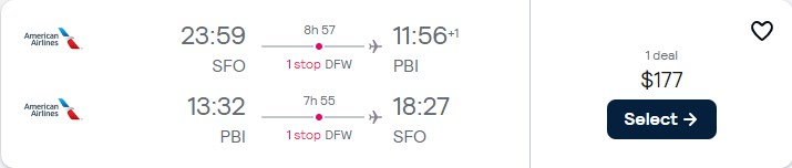 Cheap flights from San Francisco to West Palm Beach, Florida for only $177 roundtrip with American Airlines. Also works in reverse. Flight deal ticket image.