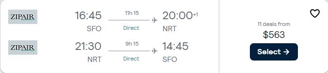Non-stop flights from San Francisco or San Jose to Tokyo, Japan from only $563 roundtrip. Flight deal ticket image.
