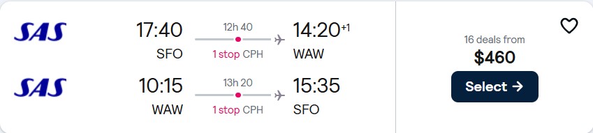Click here to book this cheap flight deal. Cheap flights from San Francisco to Warsaw, Poland for only $460 roundtrip with Scandinavian Airlines. Flight deal ticket image.