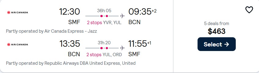 Cheap flights from Sacramento, California to Barcelona, Spain for only $463 roundtrip with Air Canada and United Airlines. Flight deal ticket image.