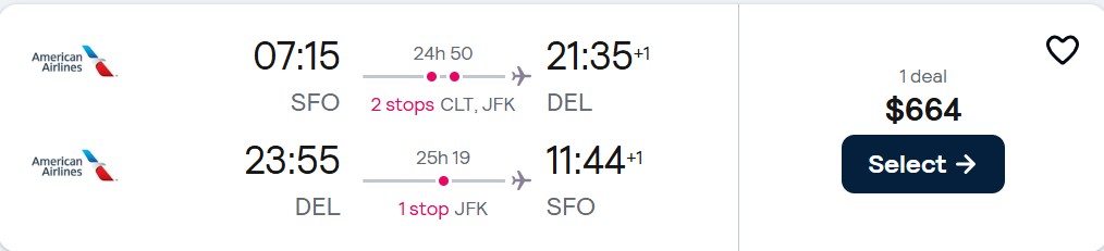 Click here to book this cheap flight deal. Cheap flights from San Francisco to Delhi, India for only $664 roundtrip with American Airlines. Flight deal ticket image.