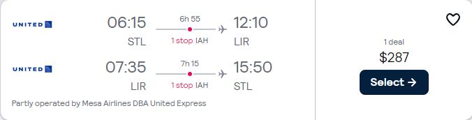 Cheap flights from St. Louis to Liberia, Costa Rica for only $287 roundtrip with United Airlines. Flight deal ticket image.