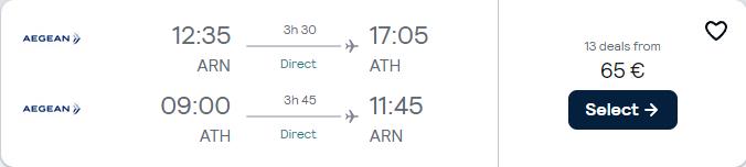 Non-stop flights from Stockholm, Sweden to Athens, Greece for only €65 roundtrip with Aegean Airlines. Flight deal ticket image.