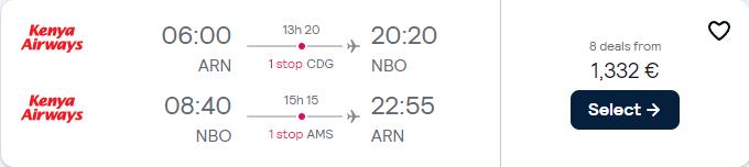 Click here to book this cheap flight deal. Business Class flights from Stockholm, Sweden to Nairobi, Kenya for only €1332 roundtrip with Air France and KLM. Flight deal ticket image.