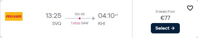 Click here to book this cheap flight deal. Cheap flights from Seville, Spain to Karachi, Pakistan for only €77 one-way. Flight deal ticket image.