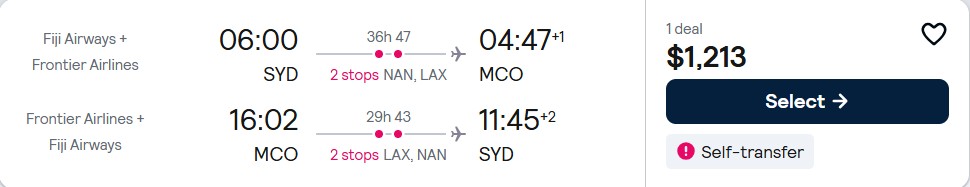 Click here to book this cheap flight deal. Cheap flights from Sydney, Australia to Orlando, Florida for only $1213 AUD roundtrip with Fiji Airways. Flight deal ticket image.