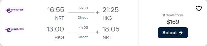 Non-stop flights from Tokyo, Japan to Hong Kong for only $169 USD roundtrip. Flight deal ticket image.