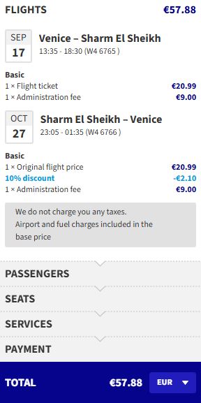 Click here to book this cheap flight deal. Non-stop flights from Venice, Italy to Sharm el Sheikh, Egypt for only €58 roundtrip. Flight deal ticket image.