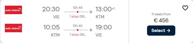 Cheap flights from Vienna, Austria to Kathmandu, Nepal for only €456 roundtrip. Flight deal ticket image.