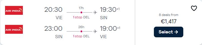 Business Class flights from Vienna, Austria to Singapore for only €1417 roundtrip. Flight deal ticket image.
