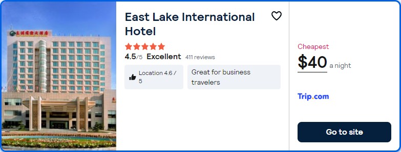 Click here to book this cheap flight deal. Stay at the 5* East Lake International Hotel in Yangchun, China for only $40 USD per night. Flight deal ticket image.