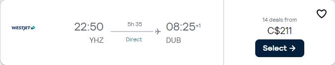 Non-stop flights from Halifax, Canada to Dublin, Ireland or London, UK for only $211 CAD one-way. Flight deal ticket image.