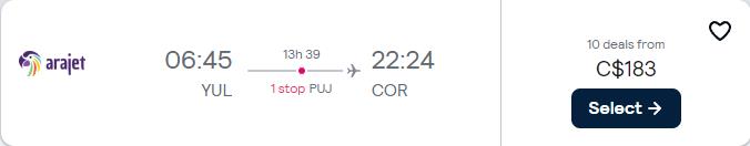Cheap flights from Montreal, Canada to Cordoba, Argentina for only $183 CAD one-way. Flight deal ticket image.