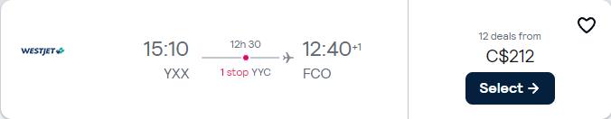 Cheap flights from Abbotsford, Canada to Rome, Italy for only $212 CAD one-way. Flight deal ticket image.