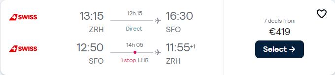 Cheap flights from Zurich, Switzerland to San Francisco, USA for only €419 roundtrip with Swiss International Air Lines and United Airlines. Flight deal ticket image.