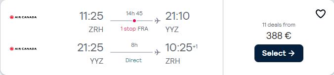 Cheap flights from Zurich or Geneva, Switzerland to Toronto or Montreal, Canada from only €388 roundtrip with Lufthansa and Air Canada. Flight deal ticket image.
