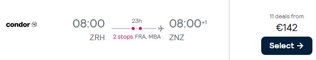 Click here to book this cheap flight deal. Summer flights from European cities to Zanzibar, Tanzania from only €142 one-way. Flight deal ticket image.
