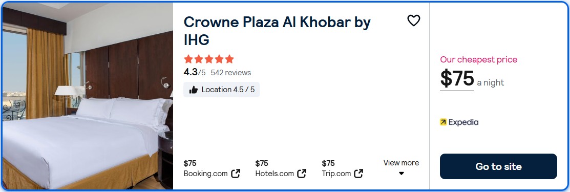 Click here to book this cheap flight deal. Stay at the 5* Crowne Plaza Al Khobar by IHG in Al Khubar, Saudi Arabia for only $75 USD per night. Flight deal ticket image.