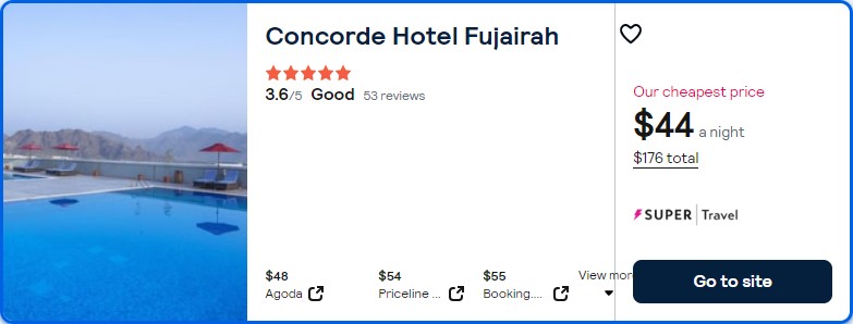Click here to book this cheap flight deal. Stay at the 5* Concorde Hotel Fujairah in Al-Fujairah, UAE for only $44 USD per night over Christmas. Flight deal ticket image.