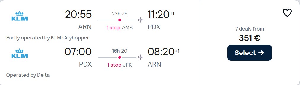 Cheap flights from Stockholm, Sweden to Portland, Oregon for only €351 roundtrip with KLM and Delta Air Lines. Flight deal ticket image.