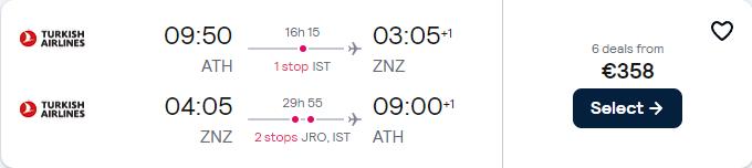 Click here to book this cheap flight deal. Cheap flights from Athens, Greece to Zanzibar, Tanzania for only €358 roundtrip with Turkish Airlines. Flight deal ticket image.