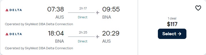 Non-stop flights from Austin, Texas to Nashville for only $117 roundtrip with Delta Air Lines. Also works in reverse. Flight deal ticket image.