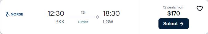 Non-stop flights from Bangkok, Thailand to London or Manchester, UK from only $170 USD one-way. Flight deal ticket image.